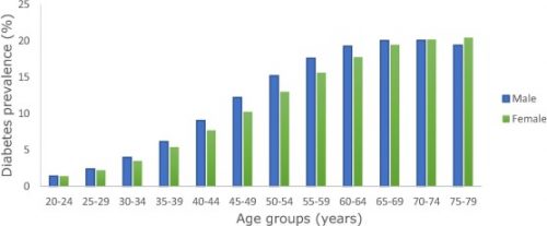 Diabetes prevalence by age and sex in 2019 - global